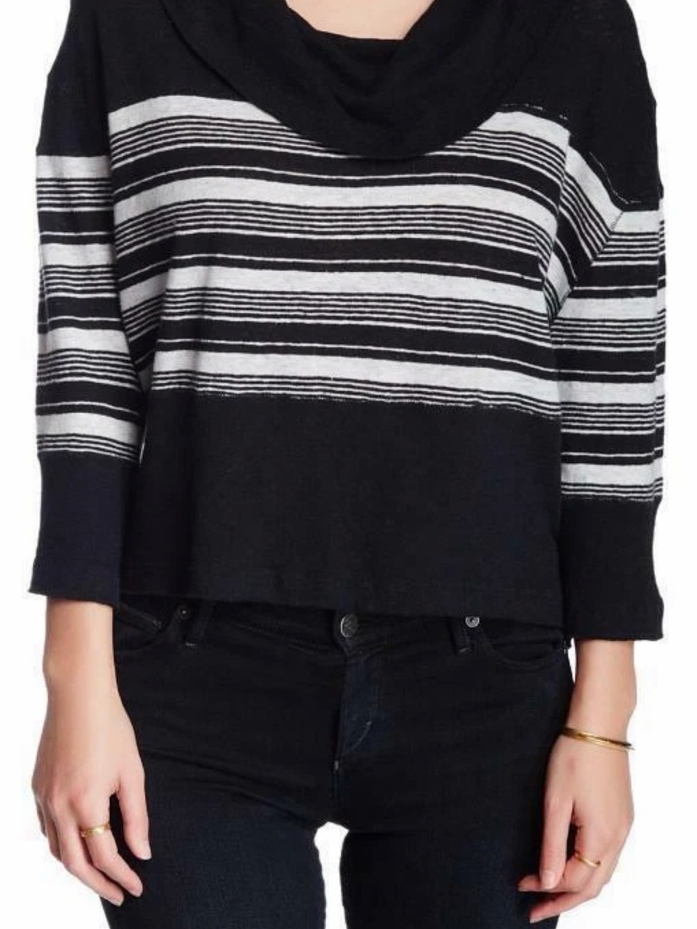 Free People We the Free Sea Side Linen Blend Cowl Neck Top Small Black Combo NEW